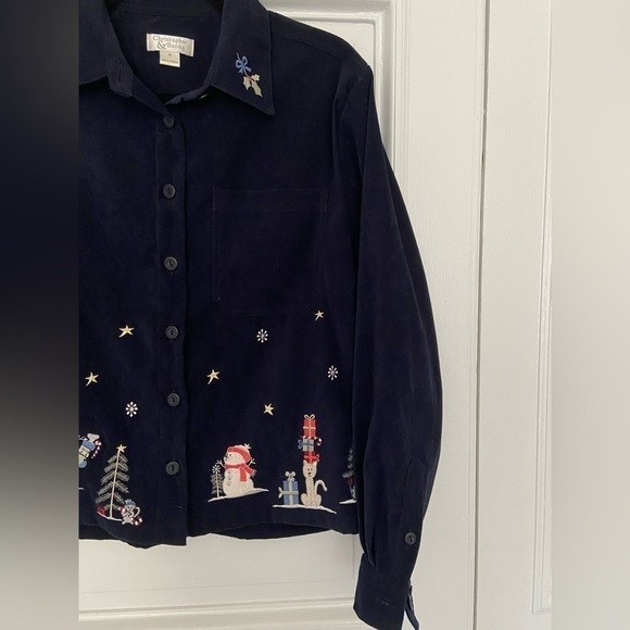 Christopher Banks Cat Snowman Embroidered Holiday Christmas Navy Vintage Blouse - Picture 3 of 14